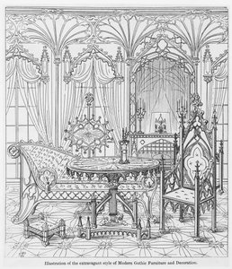 Illustration des extravaganten Stils der modernen gotischen Möbel und Dekoration, aus Wahre Prinzipien der spitzen oder christlichen Architektur, von Augustus Welby Pugin (1812-52) von English School