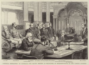 "Imperial Federation" in Australien, das kürzliche Treffen in Melbourne von Vertretern der verschiedenen Kolonien (Gravur) von English School