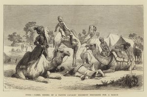 Indien, Kamelreiter eines einheimischen Kavallerieregiments bereiten sich auf einen Marsch vor von English School