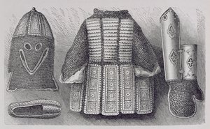 Indische Rüstung bestehend aus Helm, Tunika, Handschuhen und Schuhen aus Bhuj, aus Die Geschichte der Menschheit, Bd.III, von Prof. Friedrich Ratzel, 1898