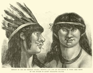 Indianer des Rio Oermejo (Brasilien), die Ohr- und Lippenornamente aus Holz zeigen, ähnlich denen der Hydahs auf den Queen Charlotte Islands von English School