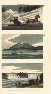 Einwohner von Quebec fahren mit einer Pferdekutsche oder einem Schlitten auf Eis, Blick auf Montreal und Blick auf die Niagarafälle von English School