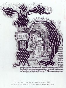 Initialbuchstabe einer Urkunde mit Porträts von Heinrich VIII. und Wolsey, 1529