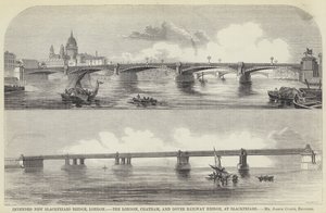 Geplante neue Blackfriars-Brücke, London, die London, Chatham und Dover Eisenbahnbrücke, bei Blackfriars (Gravur) von English School