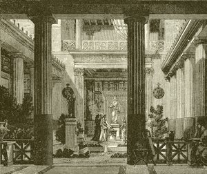 Innenhof eines griechischen Hauses mit einer Statue der Göttin Hestia von English School
