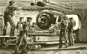 Innenraum eines Geschützturms eines Panzerschiffs von English School