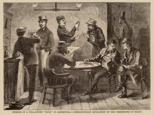 Innenansicht eines bekannten "Zauns" in Camberwell, außergewöhnliche Enthüllungen durch den Polizeikommissar (Gravur) von English School