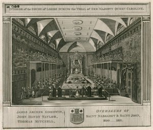Innenansicht des House of Lords während des Prozesses von Königin Caroline von English School
