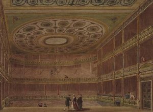 Innenansicht des Theatre Royal, Drury Lane, von der Bühne aus gesehen, verändert und dekoriert von Robert und James Adam von English School