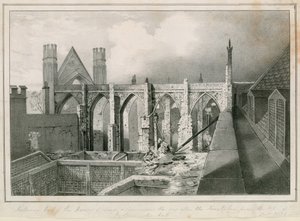 Innenansicht der Häuser von Lords und Commons am Tag nach den Bränden, aufgenommen vom Dach der Westminster Hall von English School