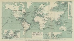 Internationale marine-telegraphische Kommunikation der Welt, die heute in Gebrauch ist, zeigt die Richtungen und die Anzahl der Kabelverbindungen auf jeder Route von English School