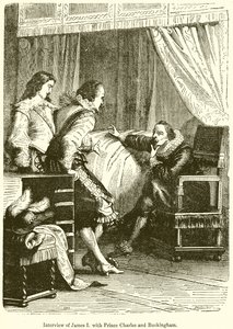 Treffen von James I. mit Prinz Charles und Buckingham von English School