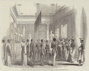 Interview des neuen Gouverneurs von Ceylon mit den einheimischen Häuptlingen in Kandy (Stich) von English School