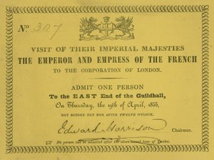 Einladung zum Besuch Ihrer Kaiserlichen Majestäten, des Kaisers und der Kaiserin von Frankreich, in der Guildhall, London, am 19. April 1855