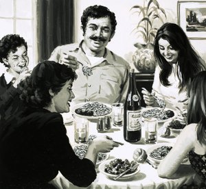 Italienische Familie isst Spaghetti zum Abendessen von English School