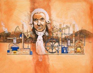 James Watt mit Brennöfen und mechanischen Pumpen im Hintergrund