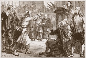 Janet Geddes wirft ihren Hocker auf den Dekan von Edinburgh, Illustration aus The History of Protestantism von James Aitken Wylie, veröffentlicht 1878