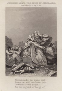 Jeremia unter den Ruinen Jerusalems, Klagelieder I, Vers 12 von English School