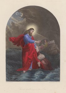 Jesus Christus geht auf dem See Genezareth (farbige Gravur) von English School