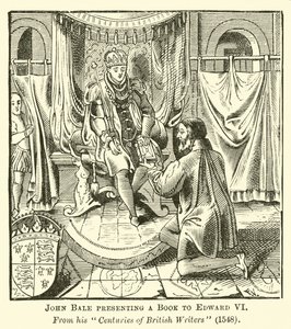 John Bale überreicht ein Buch an Edward VI.