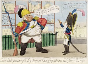 John Bull bewacht den Spielzeugladen, oder Boney weint nach mehr Spielzeug, veröffentlicht von S.W. Fores, 1803 (farbige Radierung) von English School