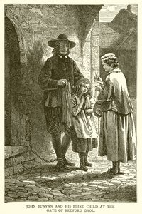 John Bunyan und sein blindes Kind am Tor des Bedford-Gefängnisses von English School