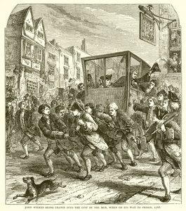 John Wilkes wird von der Menge in die Stadt gezogen, auf dem Weg ins Gefängnis, 1768 von English School