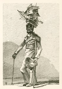 Joseph Johnson, ein schwarzer Seemann, mit einem Modell des Schiffs Nelson auf seiner Mütze von English School