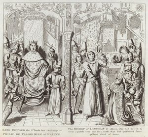 König Edward III. sendet seine Herausforderung an Philipp de Valois, König von Frankreich, den Bischof von Lincoln und andere, die geschworen hatten, ein Auge zu bedecken, bis sie eine heldenhafte Tat vollbracht haben von English School