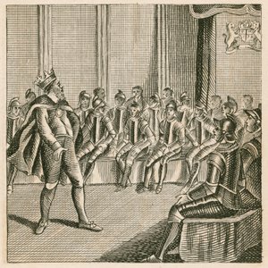 König Heinrich III. betritt das Parlament und findet die Barone in Rüstung gekleidet