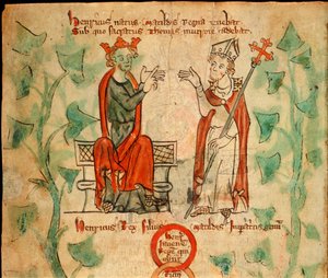 König Heinrich II. auf dem Thron sitzend, streitet mit Thomas Becket, Illustration aus der 