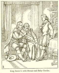 König James I. mit Steenie und Baby Charles von English School