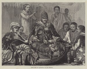 König John von Abessinien auf seinem Thron (Stich) von English School