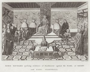 König Richard spricht das Urteil der Verbannung gegen den Earl of Derby und den Earl Marshall aus von English School