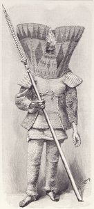 Kingsmill-Insulaner in voller Rüstung, aus Die Geschichte der Menschheit, Bd.1, von Prof. Friedrich Ratzel, 1896 von English School