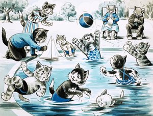 Kätzchen spielen in einem Teich