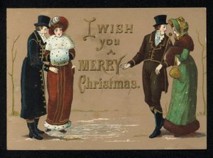 Damen und Herren in ihren Winterkleidern, Weihnachtsgrußkarte von English School