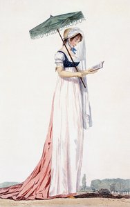Elegantes Sommerkleid für Damen mit Sonnenschirm, von Delacourt, 1770 (Farbstich) von English School