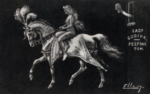 Lady Godiva reitet nackt auf einem Pferd durch die Straßen von Coventry, beobachtet von einem Spanner von English School