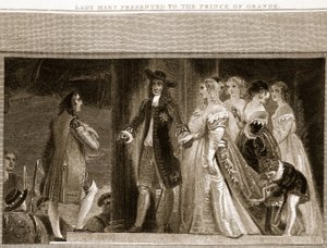 Lady Mary wird dem Prinzen von Oranien vorgestellt, Illustration aus David Humes The History of England, veröffentlicht von R. Bowyer, London, 1812 von English School