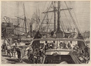 Entladen von Orangen am Fresh Wharf, London Bridge, für Weihnachten von English School