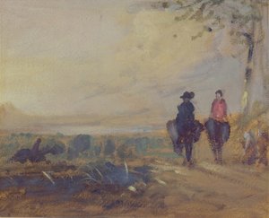 Landschaft mit See und zwei Reitern, früher J.M.W. Turner (1775-1851) und auch Peter de Wint (1784-1849) zugeschrieben, 1815-25