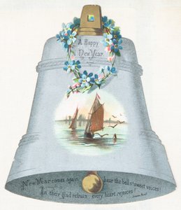 Große blaue Glocke mit Bild von Segelboot, Neujahrskarte von English School
