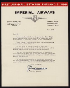 Start des ersten Luftpostdienstes zwischen England und Indien durch Imperial Airways im März 1929 (Lithografie) von English School