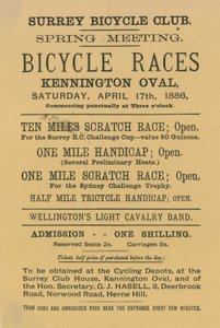 Flugblatt zur Werbung für Fahrradrennen im Kennington Oval, 17. April 1886 von English School