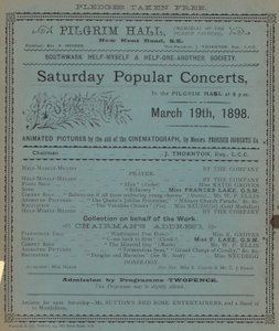 Flugblatt zur Werbung für die Samstagspopulärkonzerte in der Pilgrim Hall