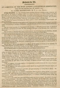 Flugblatt, das eine Resolution der West London Lancasterian Association erklärt, ab August 1813 Unterricht für Kinder anzubieten von English School
