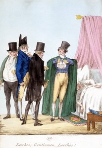 Blutegel, meine Herren, Blutegel: Englische humorvolle Zeichnung über einen selbstsicheren Arzt mit einem kranken Patienten