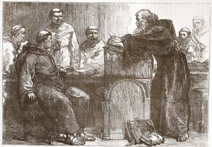 Lefevre hält eine Vorlesung an der Sorbonne, Illustration aus The History of Protestantism von James Aitken Wylie, veröffentlicht 1878