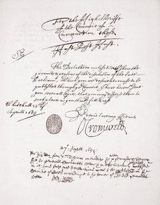 Brief von Oliver Cromwell, April 1653